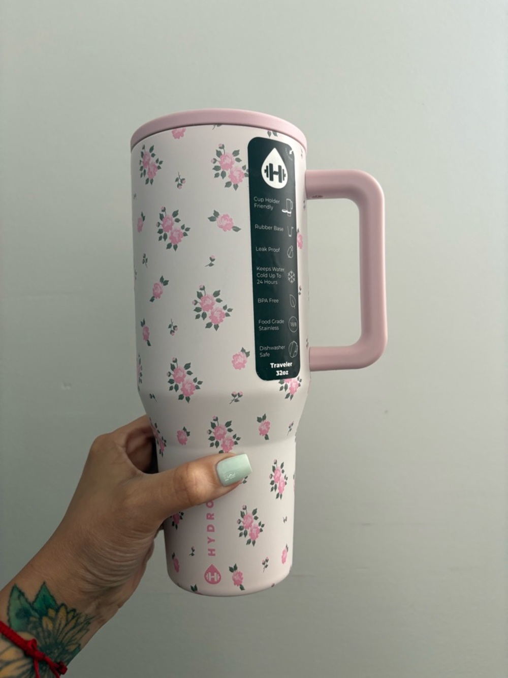 HydroJug Pink & White Floral Travel Tumbler with Handle